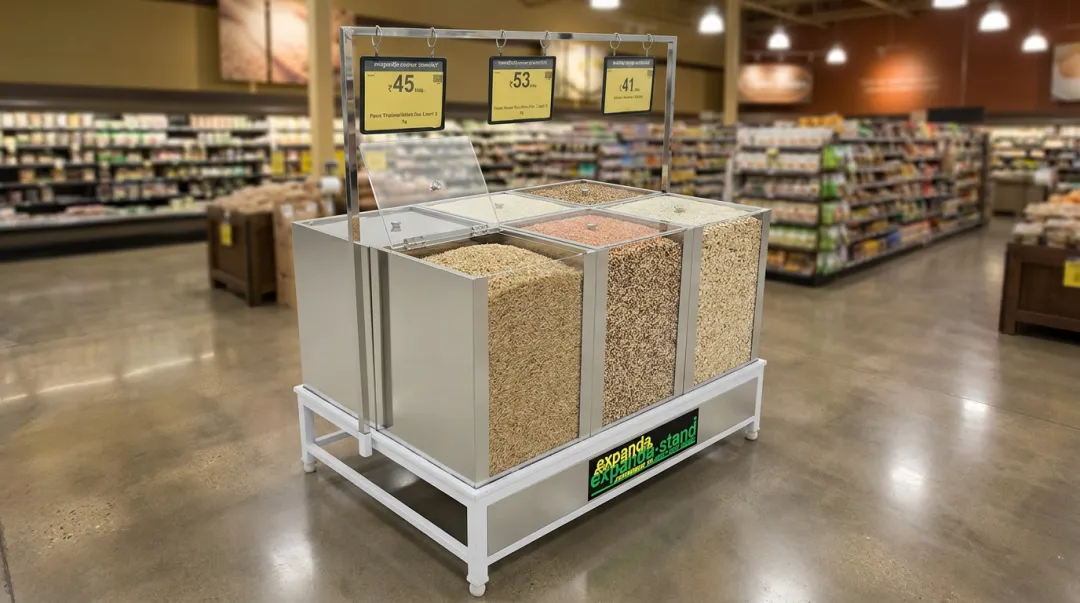 Expanda Stand bulk grain heaper display unit with acrylic lid and signage slots