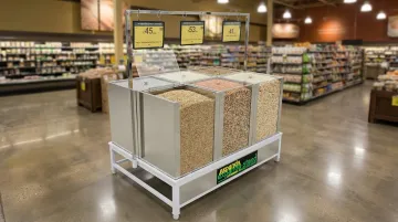 Expanda Stand bulk grain heaper display unit with acrylic lid and signage slots