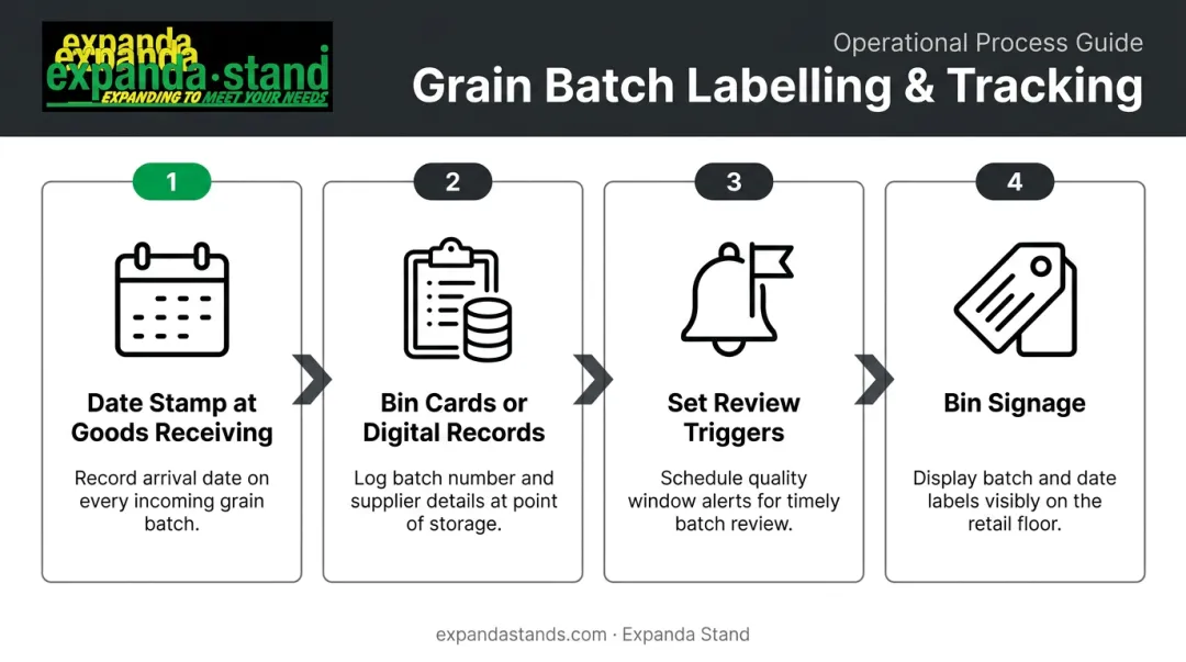 4-step grain batch labelling and tracking process flow for hypermarket inventory