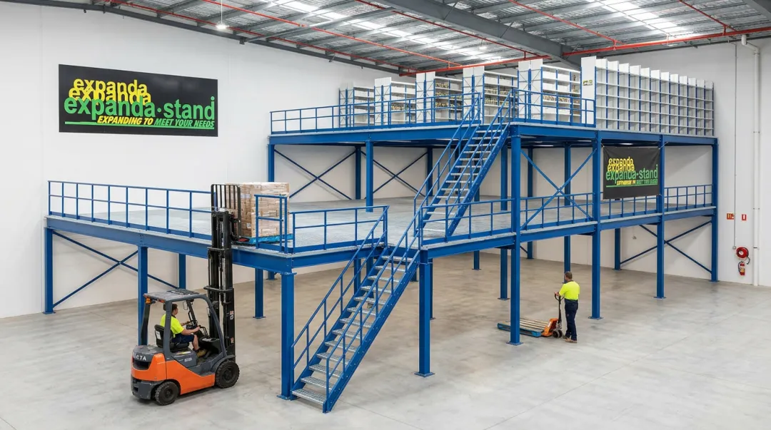 Expanda Stand multi-tier modular mezzanine racking system installed in warehouse facility