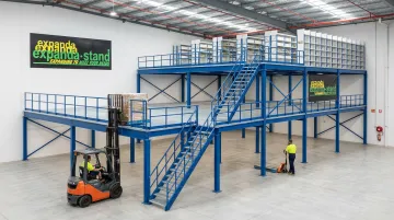 Expanda Stand multi-tier modular mezzanine racking system installed in warehouse facility