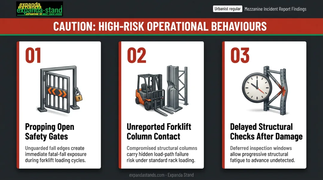 Three high-risk mezzanine operational behaviours causing incidents infographic