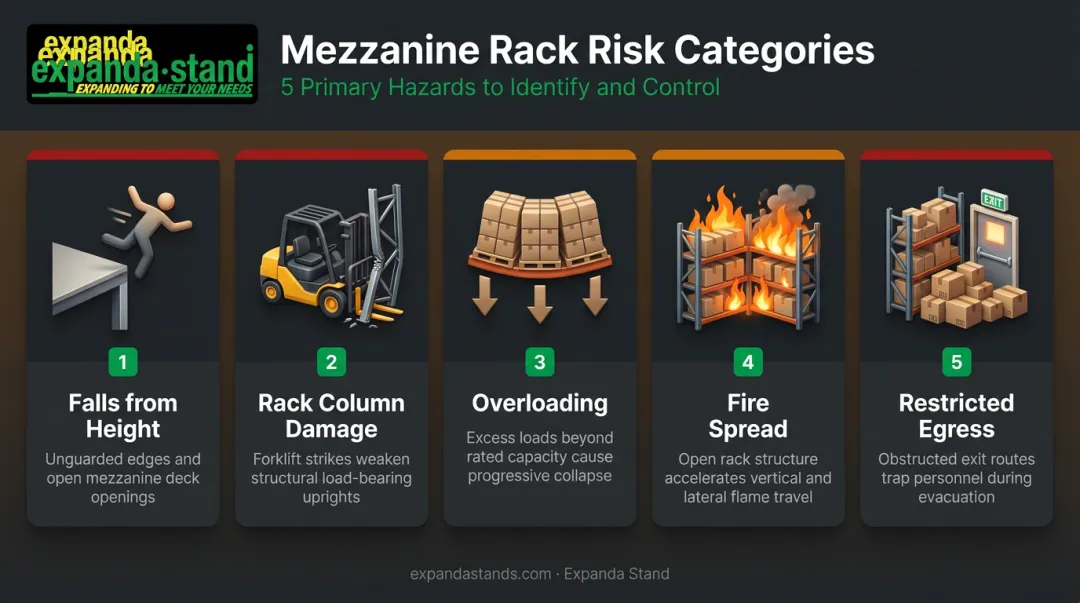 Five primary mezzanine rack risk categories illustrated with warning icons