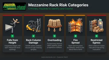Five primary mezzanine rack risk categories illustrated with warning icons