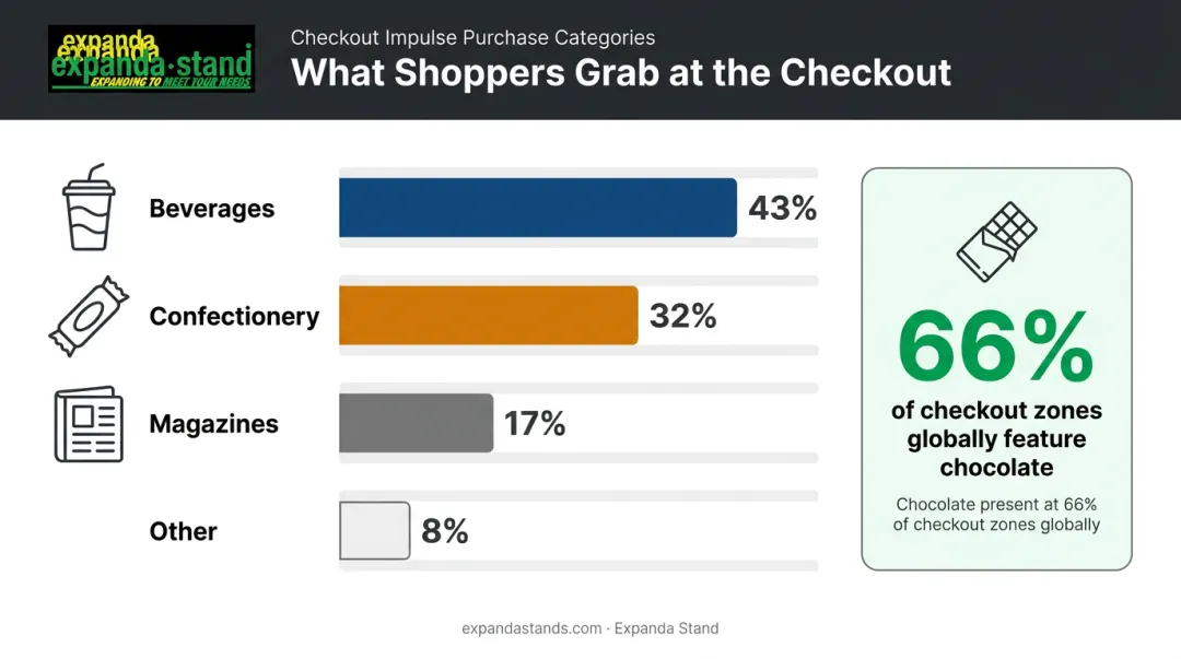 Checkout impulse purchase category breakdown showing beverages confectionery and magazines percentages