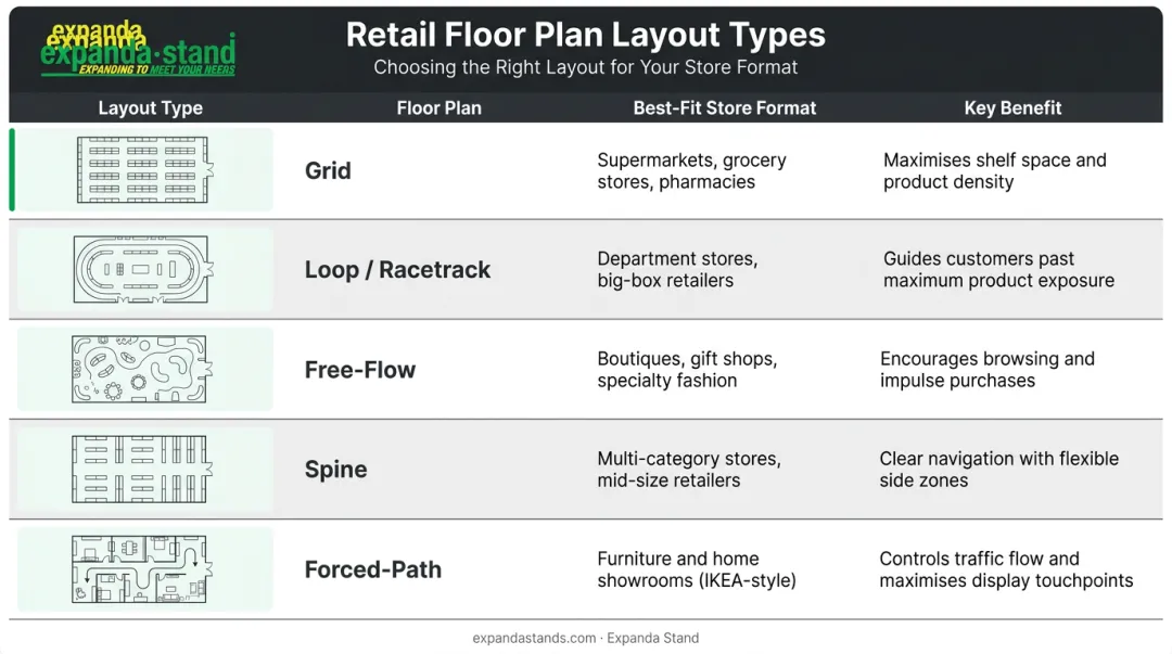 Five retail store layout types comparison chart with best-fit formats and benefits