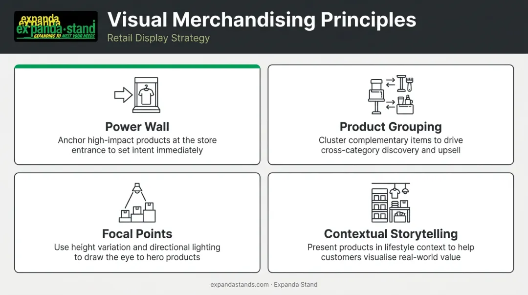 Four visual merchandising principles infographic including power wall product grouping and focal points