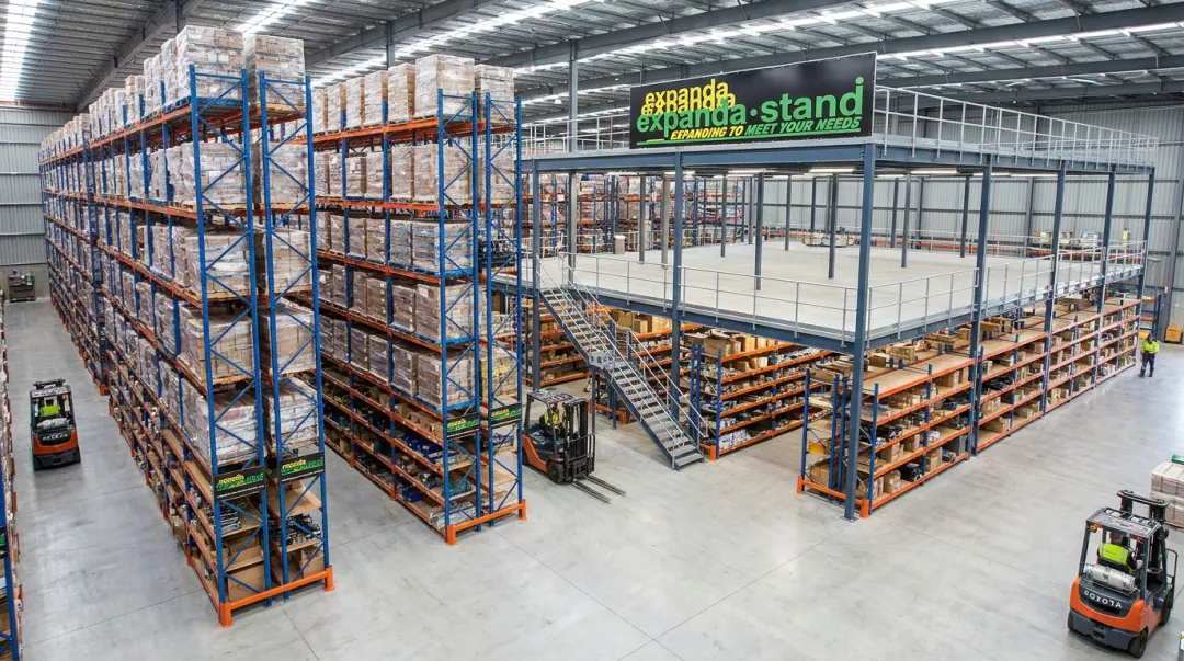 Expanda Stand warehouse rack installation showing pallet racking and mezzanine floor systems