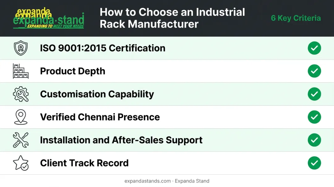 Six evaluation criteria for choosing industrial rack manufacturer in Chennai checklist infographic