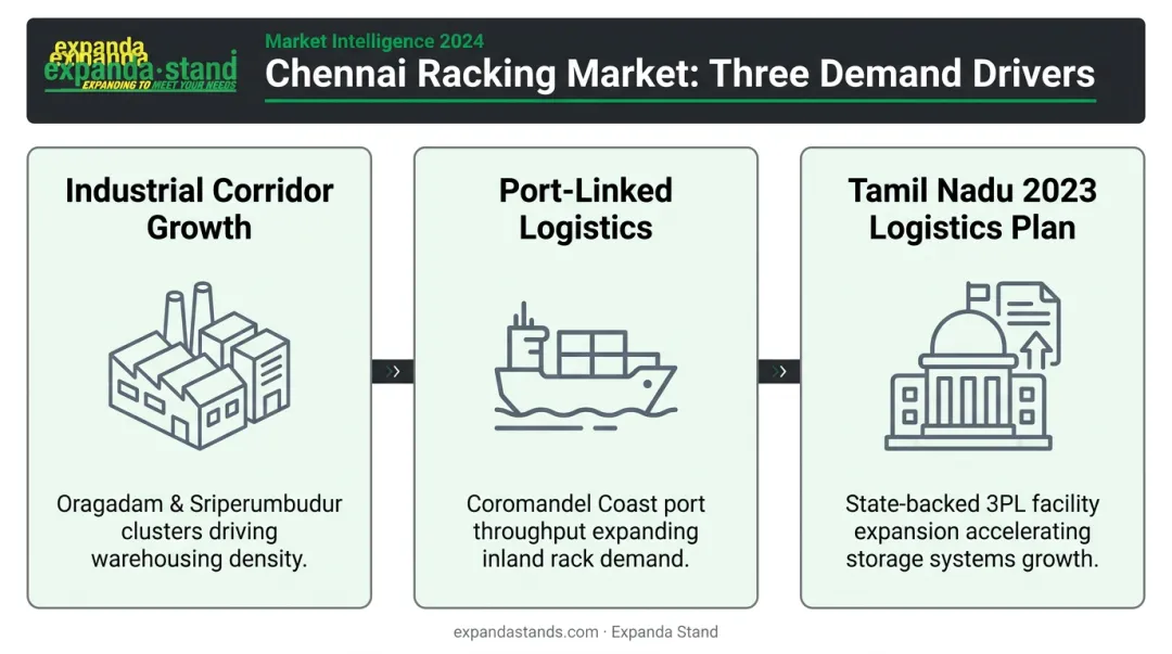 Three key demand drivers shaping Chennai industrial rack market growth infographic