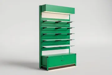 Slatwall Mobile - Slatwall rack with 7 glass shelf, bottom storage, header & base LEDB-PANDA BIN 315 Lx100 Wx110 H MM (WITH 2 PARTITION