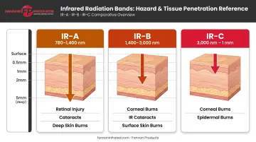 Three infrared radiation bands IR-A IR-B IR-C tissue penetration and hazards comparison