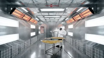 Industrial spray finishing booth with ventilation system and infrared drying equipment