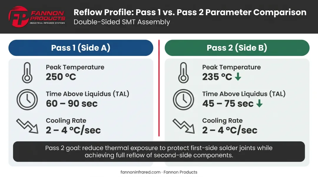 Second-pass reflow profile adjustments comparison versus first-pass parameters