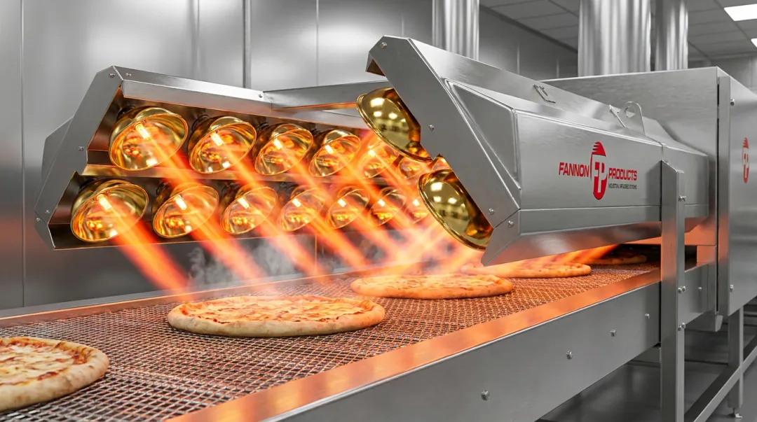 Fannon Products custom infrared heating system with Goldenrod lamps and gold reflectors for food processing