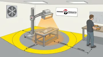 Industrial workspace safety setup with infrared lamp and proper clearance zone markings
