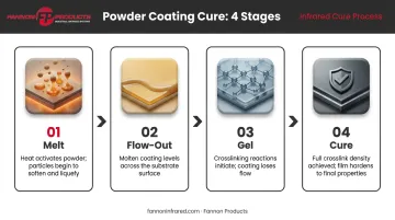 4-stage powder coating cure sequence from melt to final hardened film