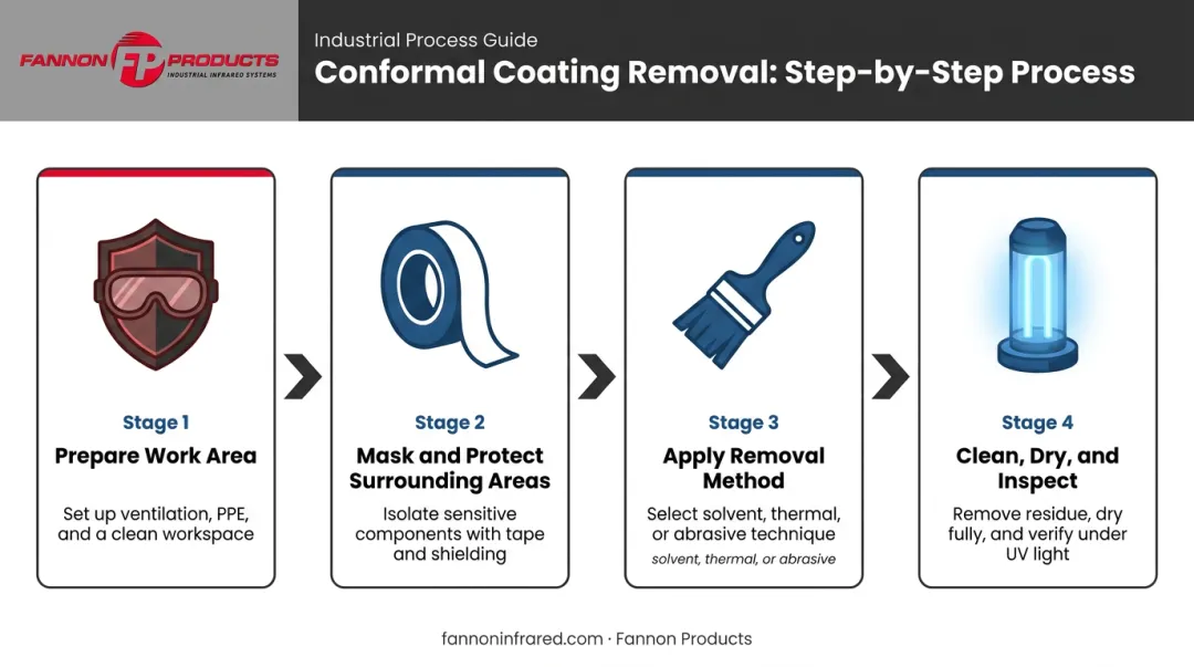 Step-by-step PCB conformal coating removal process four-stage workflow