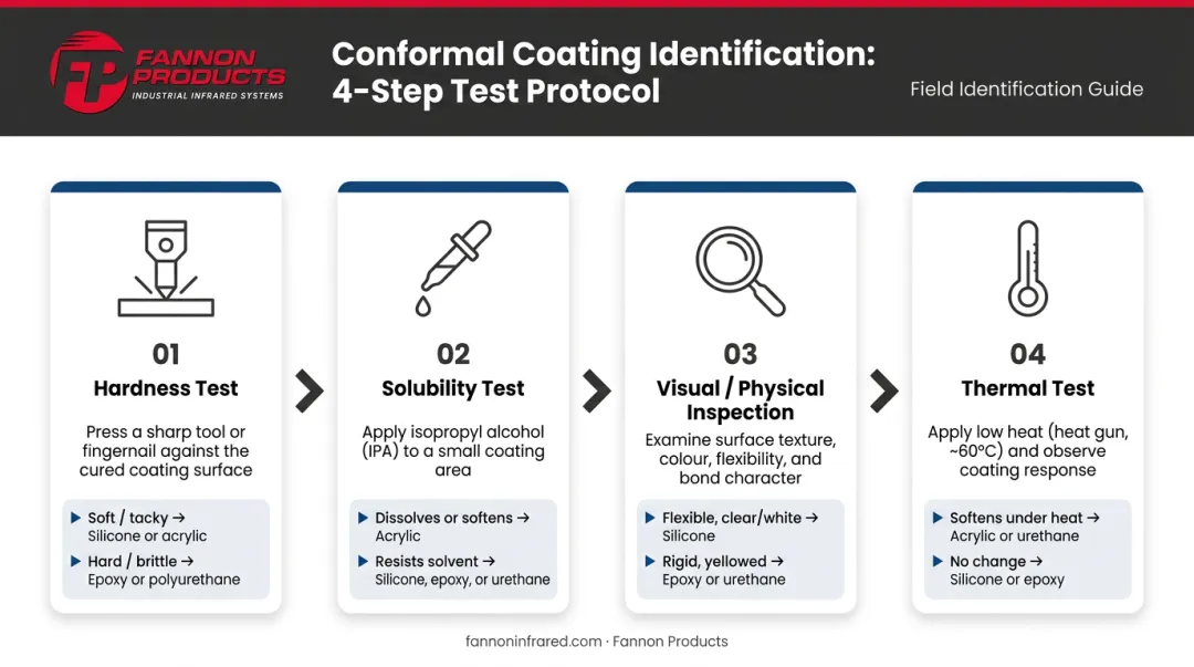 Four-step conformal coating identification test process flow diagram