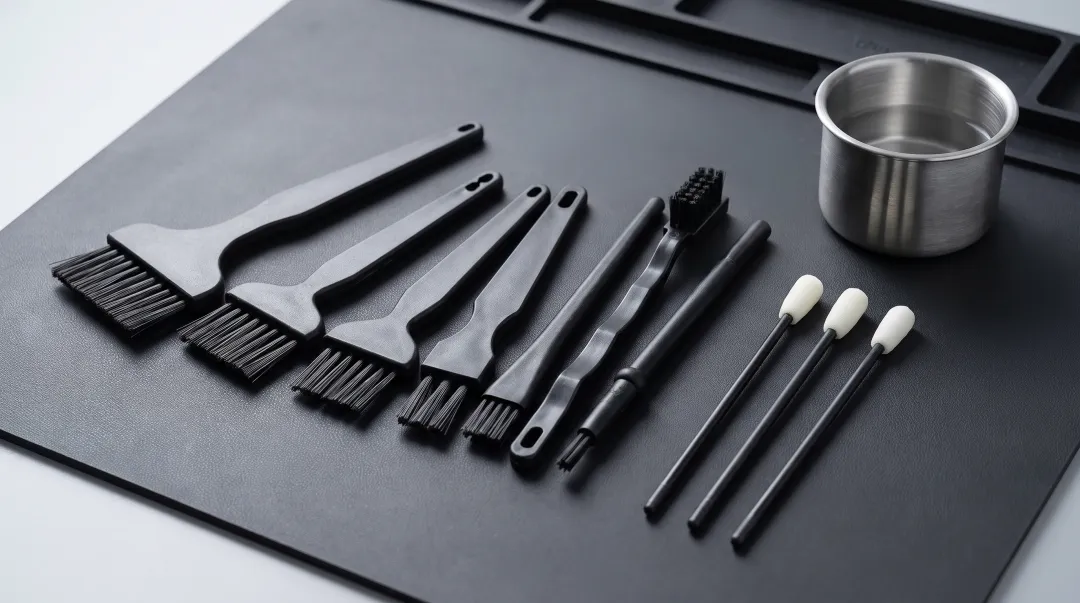 ESD-safe PCB rework tools including brushes swabs and stainless steel containers