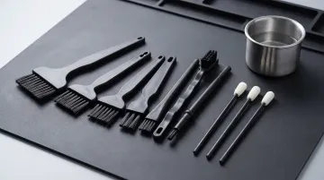 ESD-safe PCB rework tools including brushes swabs and stainless steel containers
