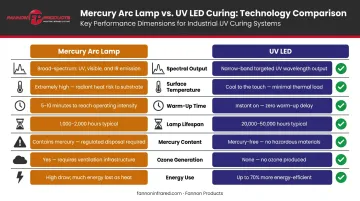 Mercury arc lamp versus UV LED curing system seven-factor side-by-side comparison chart