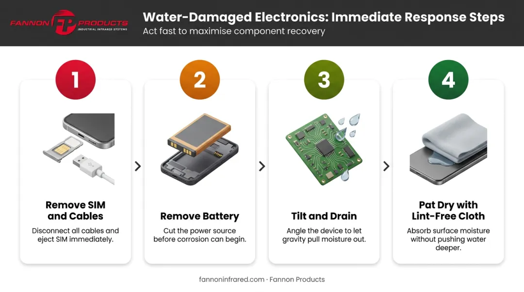 4-step immediate water damage response process for wet electronics infographic