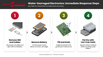 4-step immediate water damage response process for wet electronics infographic