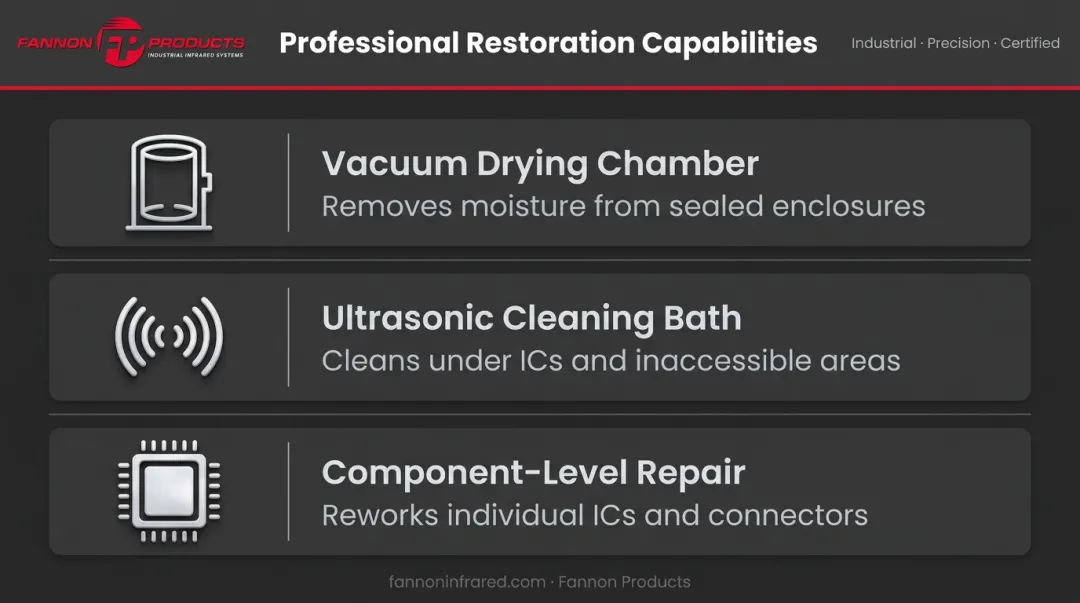 Professional electronics water damage restoration tools and services comparison infographic