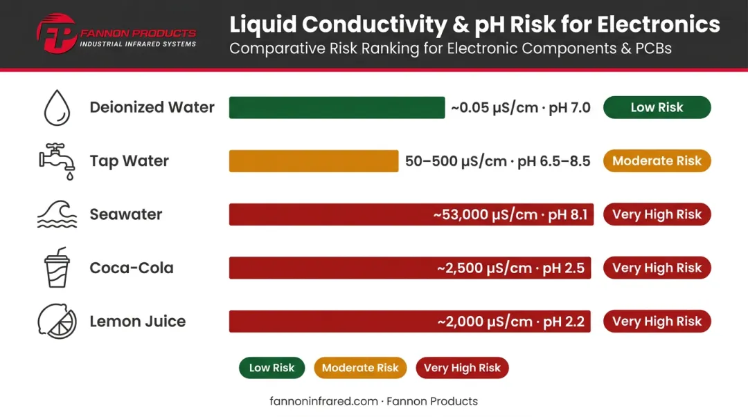 Water damage liquid conductivity comparison chart ranking risk levels for electronics