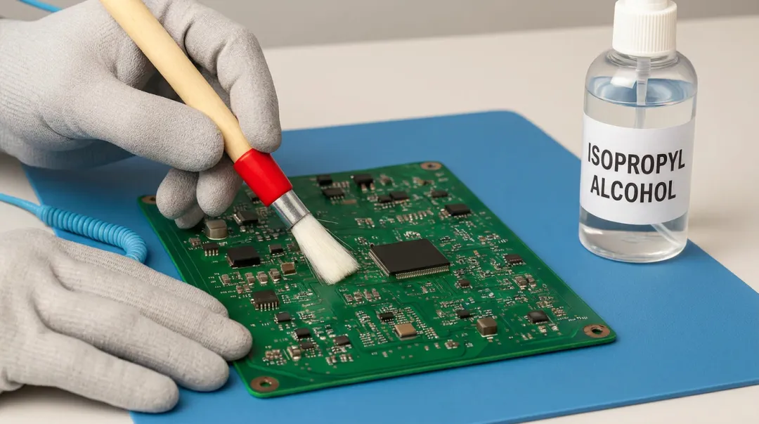 Isopropyl alcohol and soft brush cleaning water damaged circuit board components