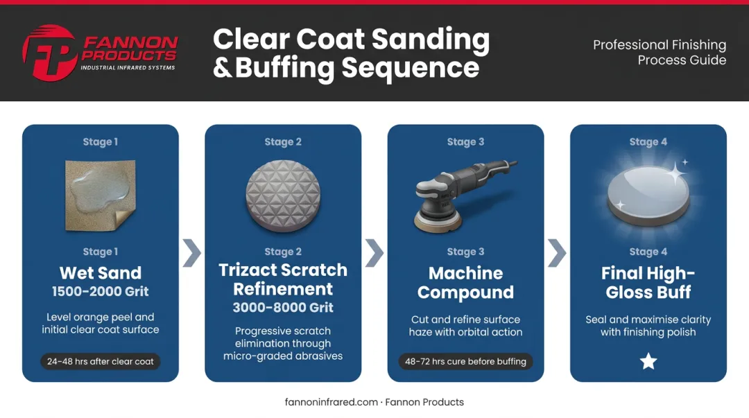 Progressive clear coat sanding sequence from wet sand to final high-gloss buff