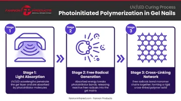 Gel nail photoinitiated polymerization process showing UV light triggering polymer cross-linking