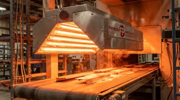 Fannon medium-wave infrared lamp heating substrate during UV powder coating melt phase