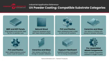 UV-curable powder coating compatible substrates overview with six material categories and icons