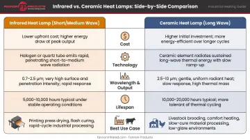 Infrared versus ceramic heat lamp five-criteria side-by-side comparison chart