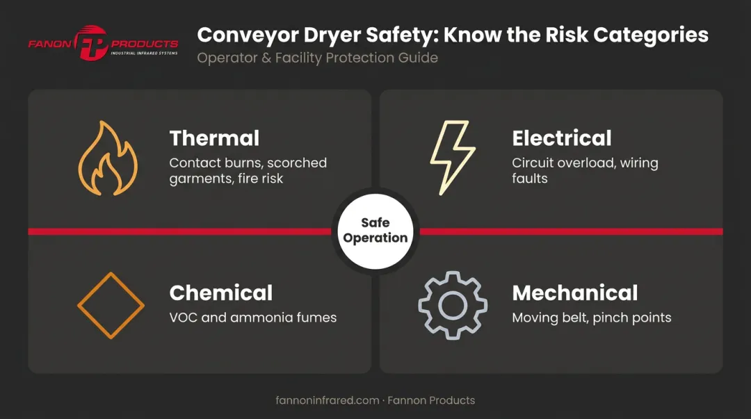 Four conveyor dryer risk categories thermal electrical chemical mechanical safety overview
