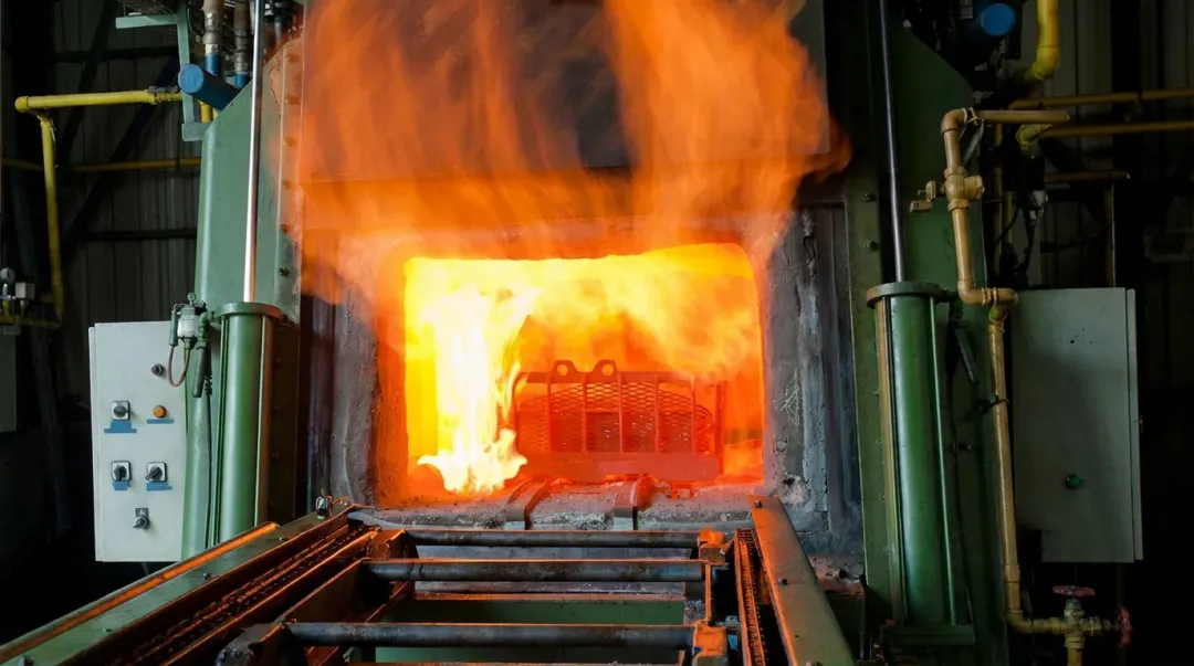 Large industrial furnace or kiln in active high-temperature metal processing facility