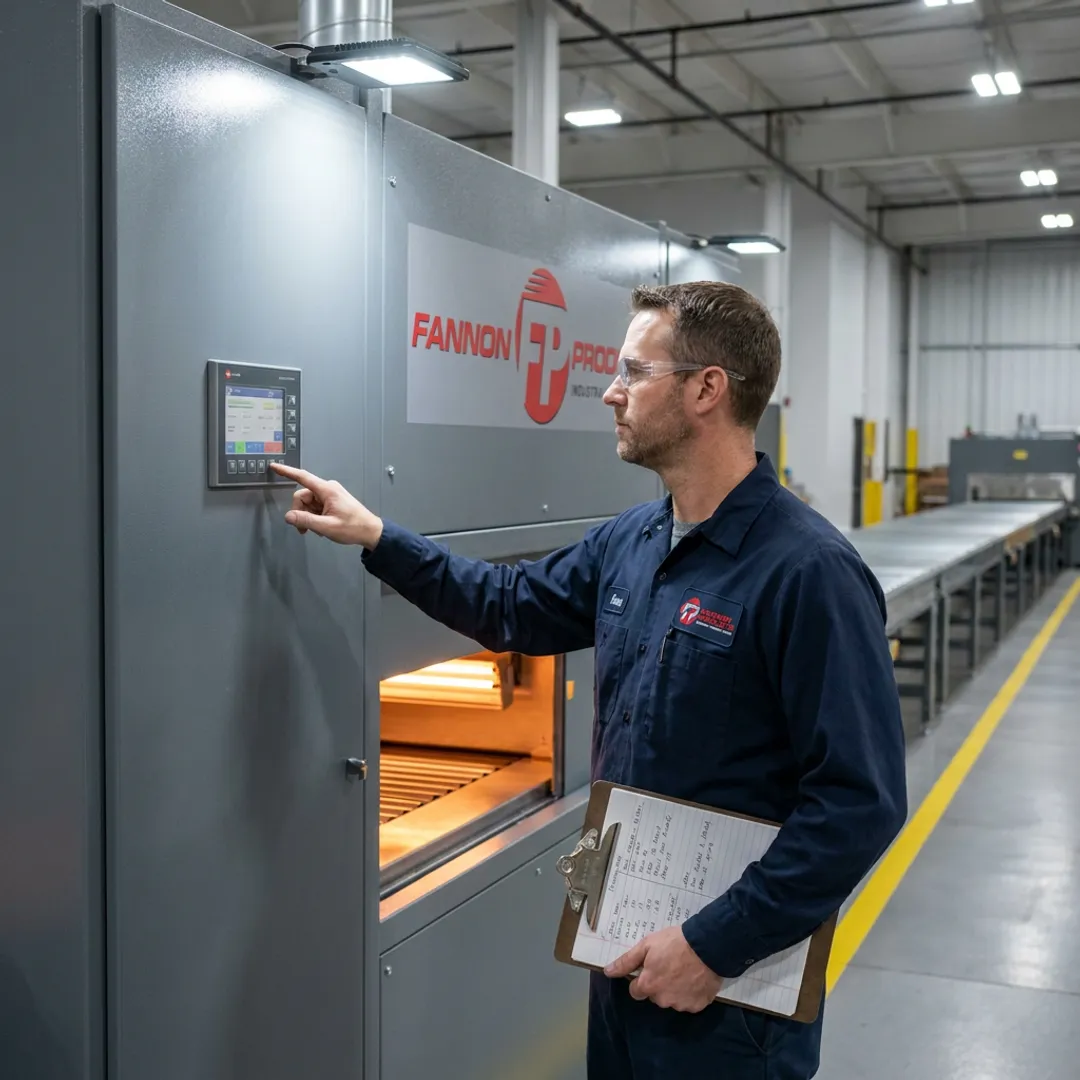 Engineer inspecting industrial curing oven controls