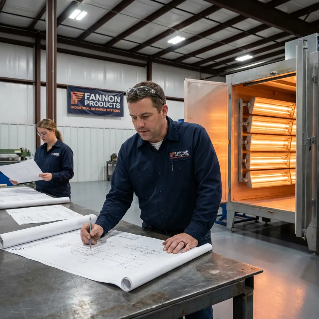 Engineer reviewing infrared powder coating curing system plans
