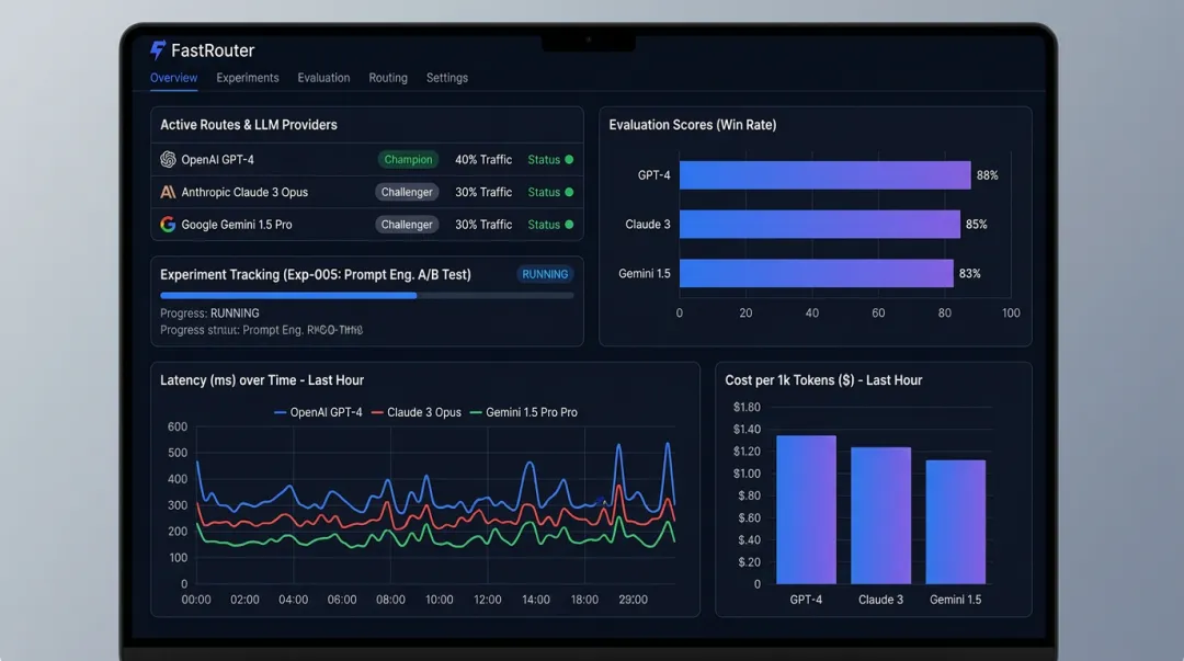 FastRouter dashboard displaying model routing latency and cost observability