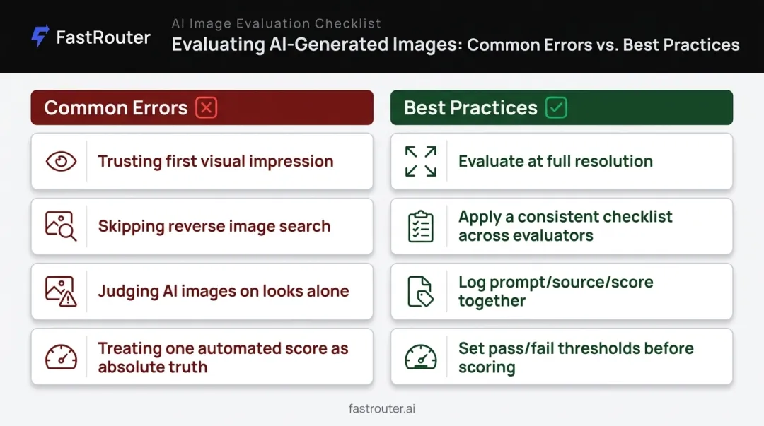 Common image evaluation errors versus recommended best practices comparison chart
