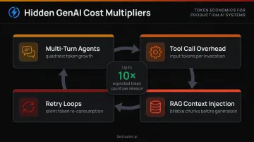 Four compounding GenAI API cost patterns multiplying token usage infographic