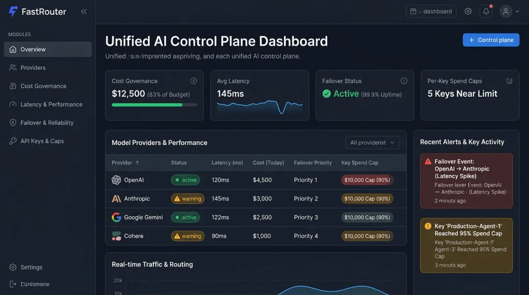 FastRouter unified dashboard displaying multi-provider AI agent observability and cost controls