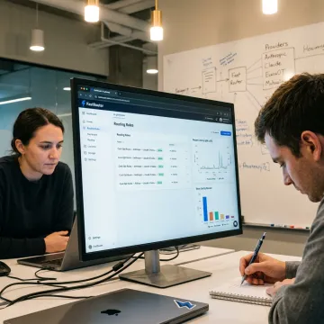 Team reviewing AI deployment and monitoring tools