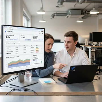 Team reviewing AI routing platform metrics