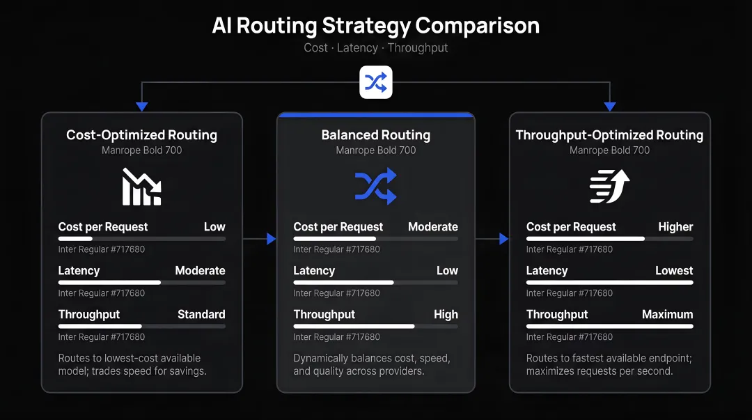 Three AI routing strategy modes cost latency and throughput comparison infographic