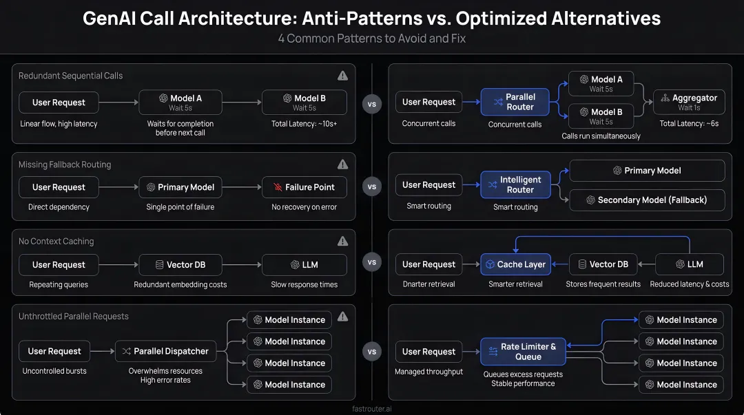 Four GenAI call architecture anti-patterns versus optimized alternatives comparison