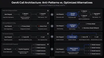 Four GenAI call architecture anti-patterns versus optimized alternatives comparison