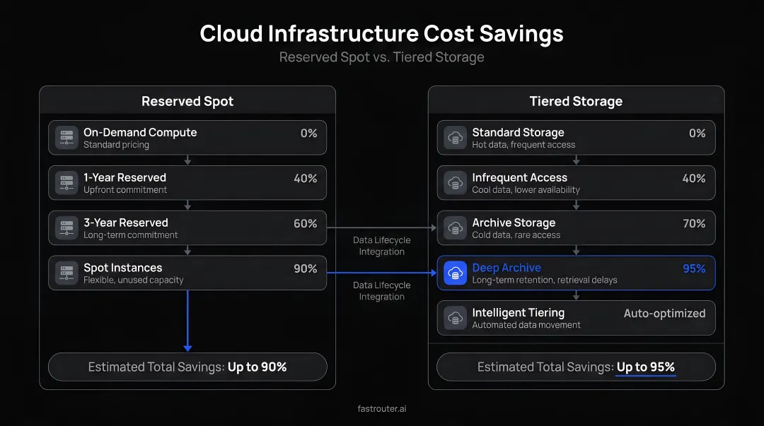 Cloud infrastructure cost savings comparison reserved spot and tiered storage options